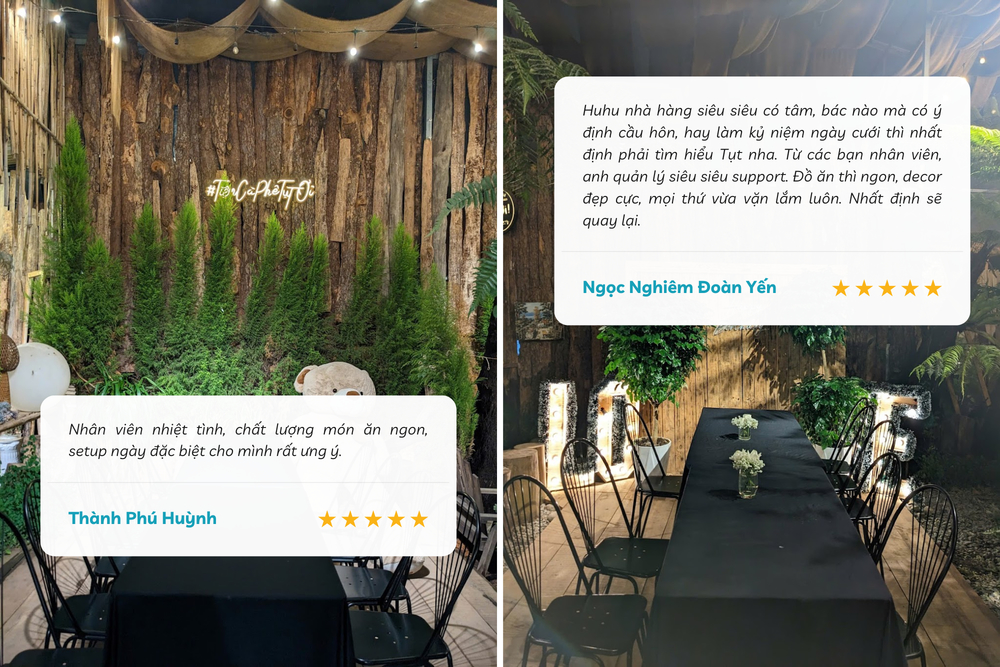 Tụt Nướng tựa không gian nhỏ ấm áp, thiết kế gỗ mộc mạc và thiên nhiên tươi mát, có hỗ trợ trang trí tiệc và phục vụ bánh kem theo yêu cầu khi khách đặt trước